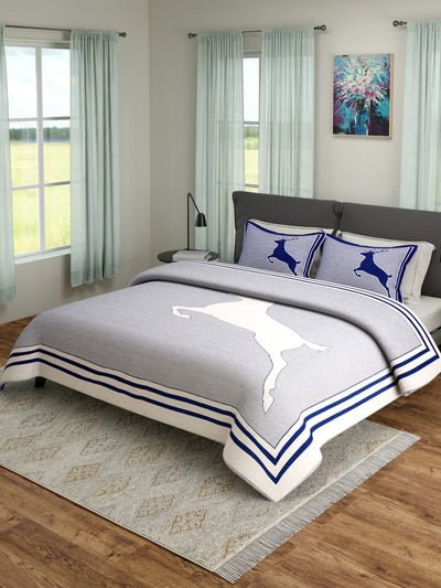 Blue & Beige Double Bed Cover with 2 Pillow Covers