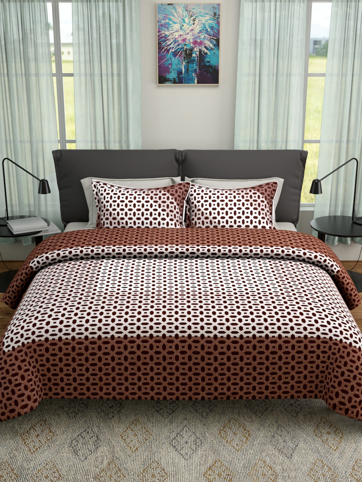 Brown & White Double Bed Cover with 2 Pillow Covers