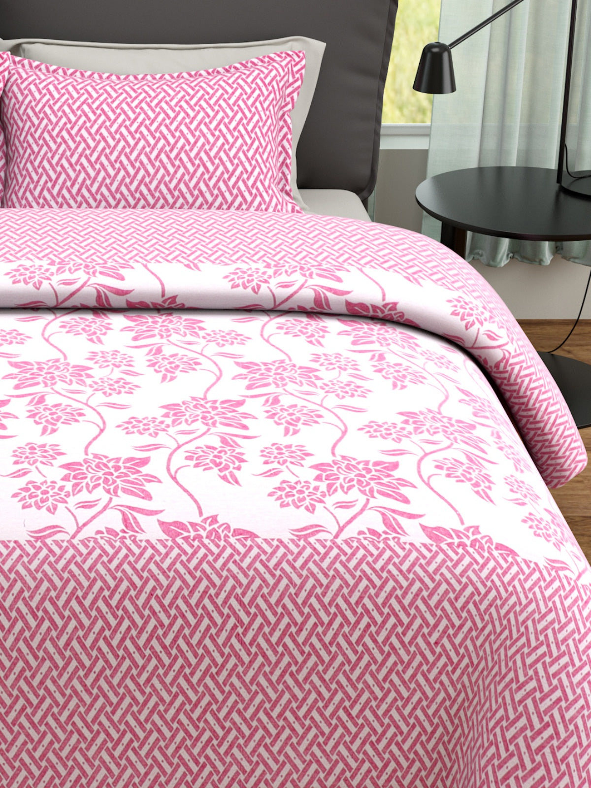 Pink & Beige Double Bed Cover with 2 Pillow Covers