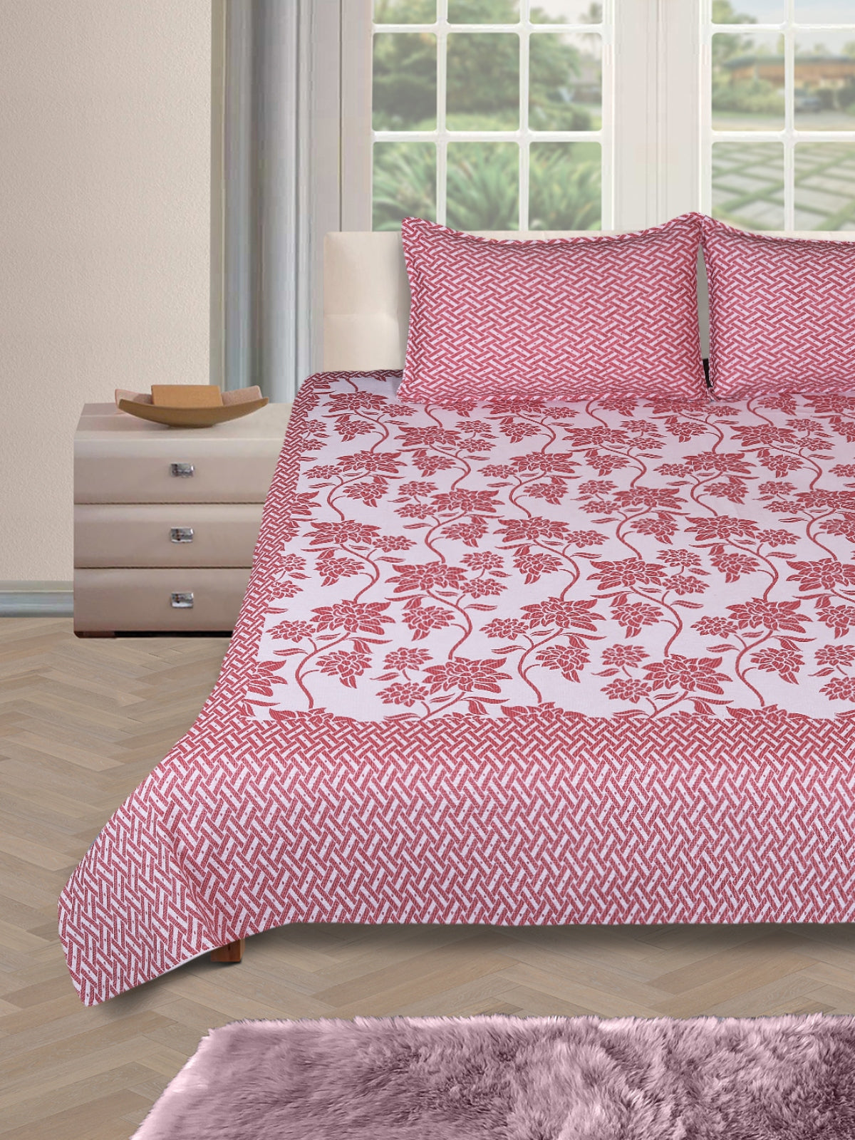 Pink & White Double Bedsheet with 2 Pillow Covers