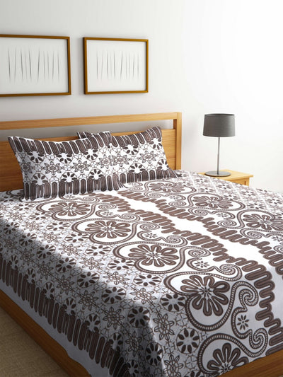 White & Brown Double Bed Cover with 2 Pillow Covers