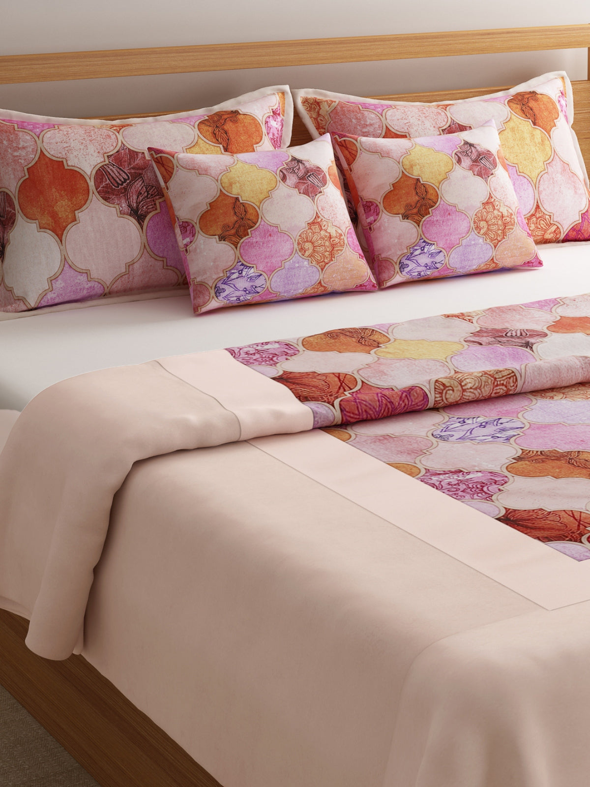 Beige & Pink Double Bed Cover with 2 Pillow Covers