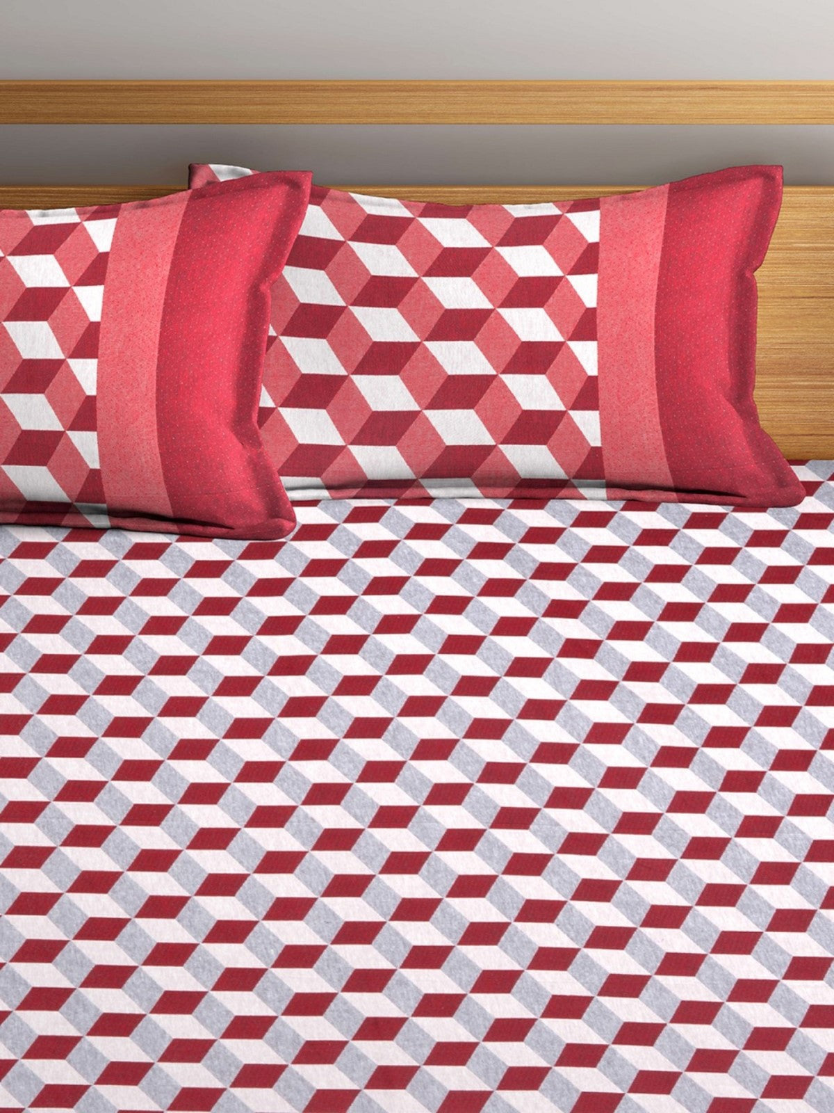 Red & Off White Double Bed Cover with 2 Pillow Covers