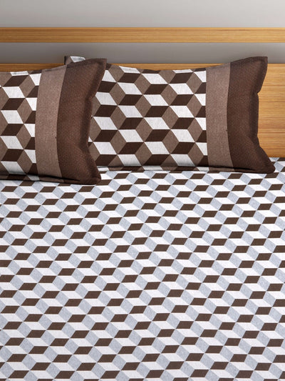 Brown & Off White Double Bed Cover with 2 Pillow Covers