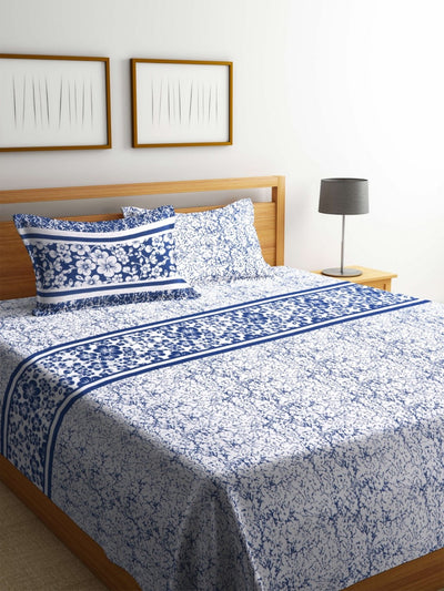 Blue & Off White Double Bed Cover with 2 Pillow Covers