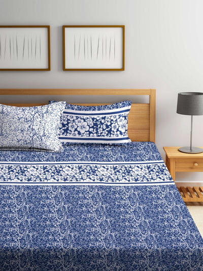 Blue & Off White Double Bed Cover with 2 Pillow Covers