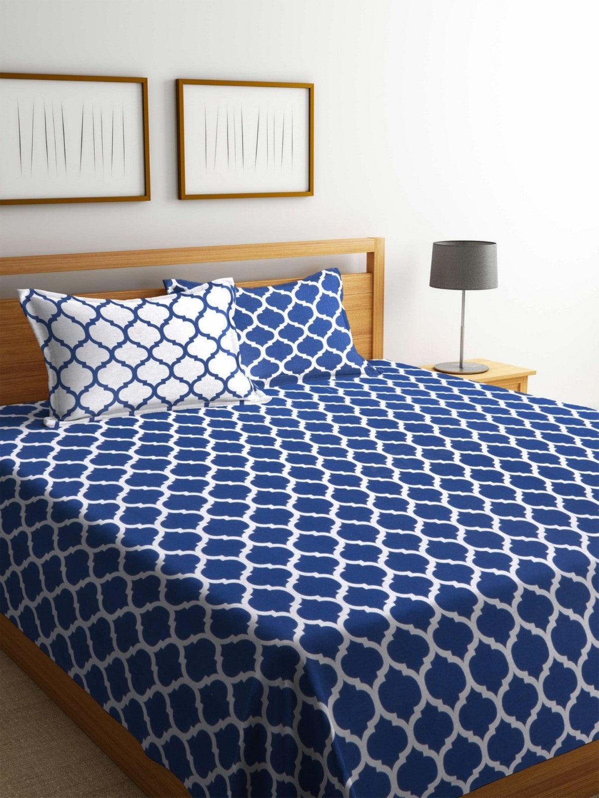 Blue & Off White Double Bed Cover with 2 Pillow Covers