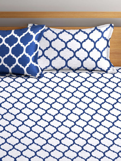 Blue & Off White Double Bed Cover with 2 Pillow Covers