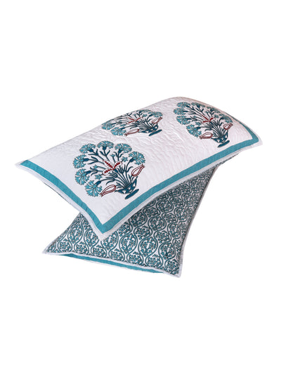 White & Turquoise blue Double Quilted Bed Cover with 2 Pillow Covers