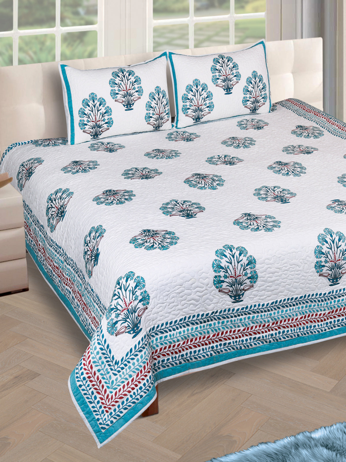 White & Turquoise blue Double Quilted Bed Cover with 2 Pillow Covers