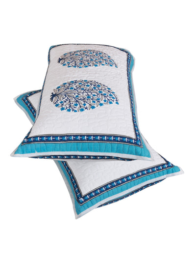 White & Blue Double Quilted Bed Cover with 2 Pillow Covers
