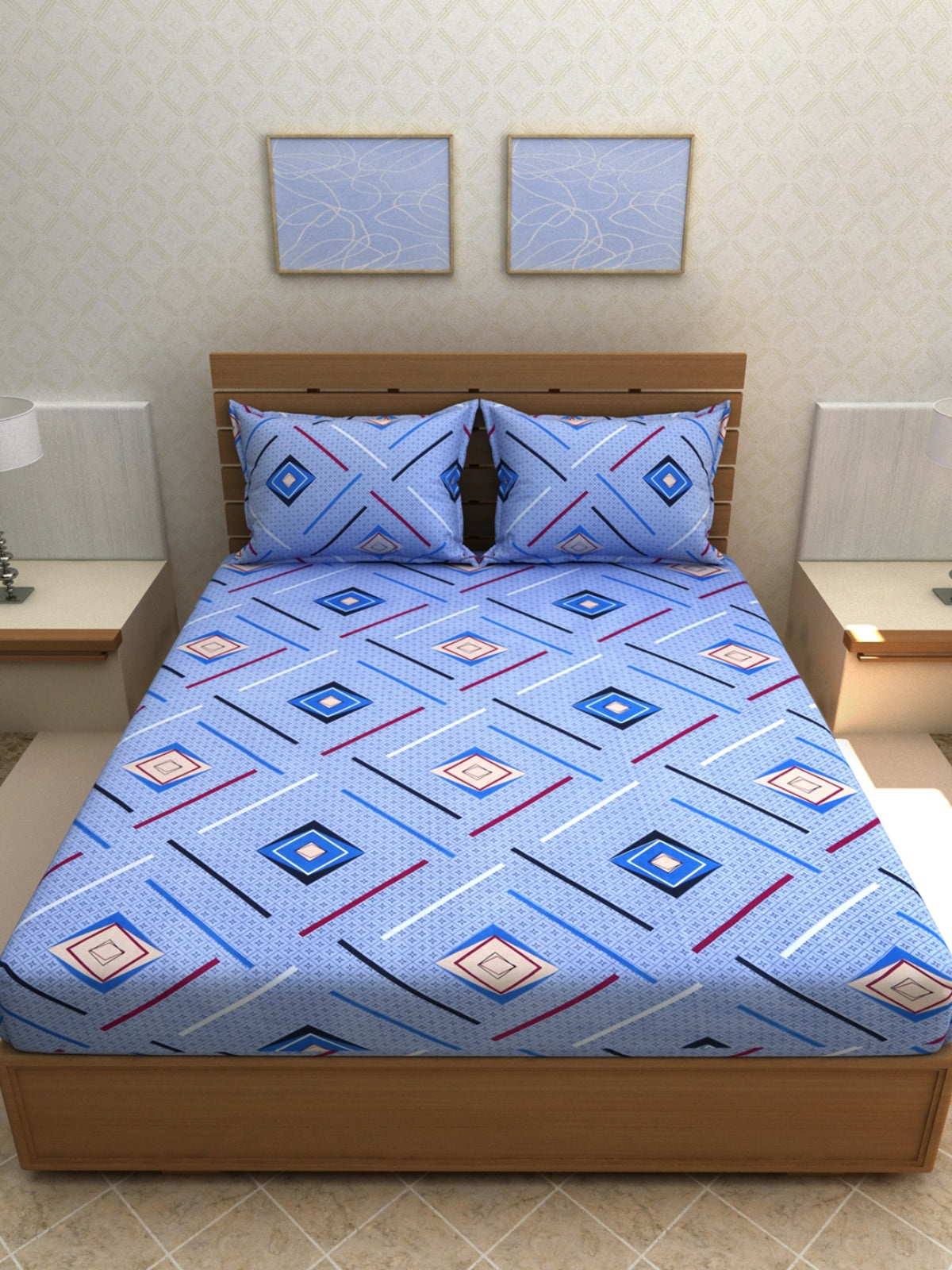 ROMEE Blue Geometric 144 TC King Bedsheet with 2 Pillow Covers