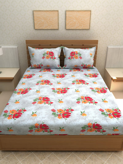 Off White Floral Patterned 144 TC Queen Bedsheet with 2 Pillow Covers