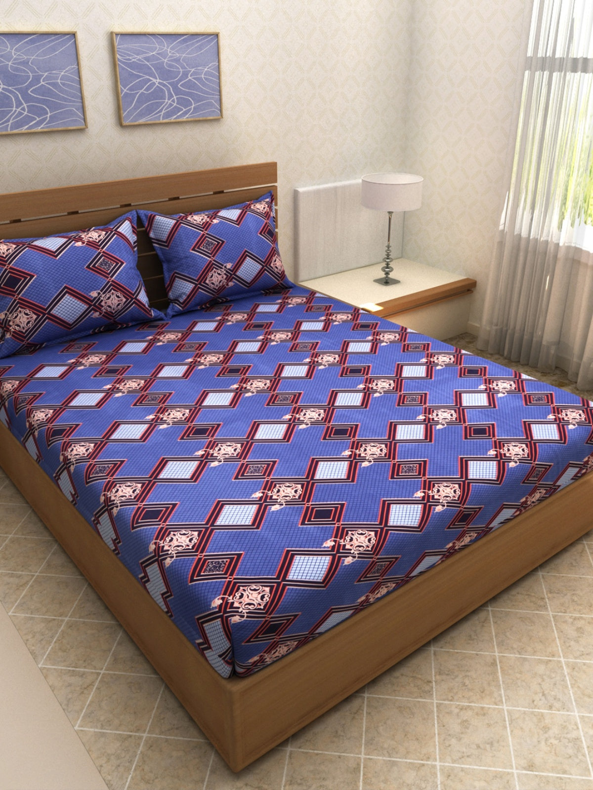 ROMEE Blue Geometric 144 TC King Bedsheet with 2 Pillow Covers