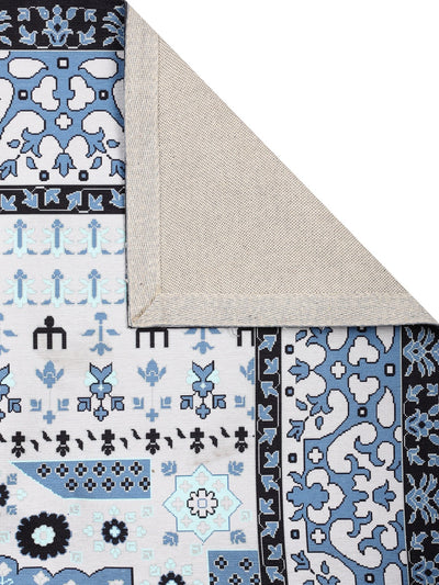 Blue & Off White Ethnic Motifs Anti-Skid Carpet/Dhurrie