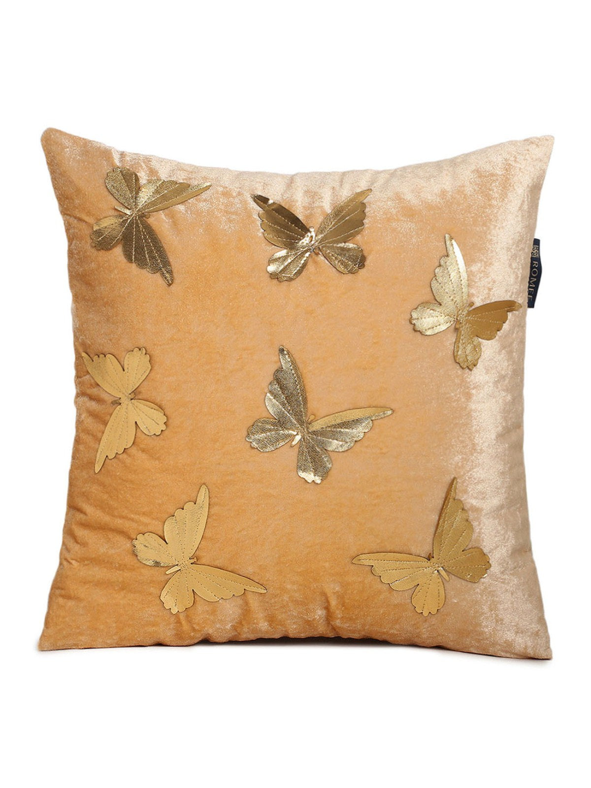 Soft Polyester Velvet Butterfly Patchwork Designer Cushion Covers 16x16 inches, Set of 5 - Beige