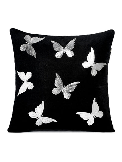 Butterfly Design 5 Piece Velvet Cushion Cover Set - 16" x 16", Black