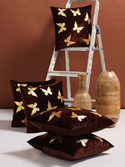 Butterfly Design 5 Piece Velvet Cushion Cover Set - 16" x 16", Brown