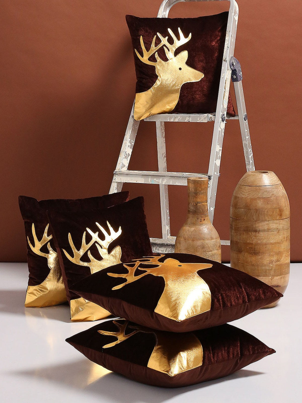 Soft Polyester Velvet Deer Patchwork Designer Cushion Covers 16x16 inches, Set of 5 - Brown