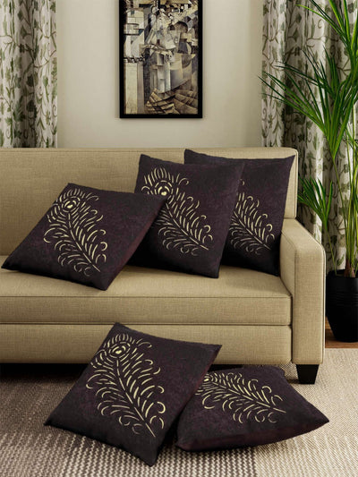 Peacock Feather Cut Designer Velvet Cushion Covers 16 inch x 16 inch, Set of 5 - Brown