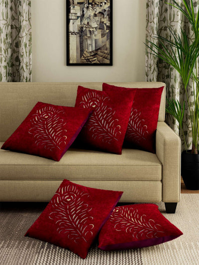 Feather Design Laser Cut Soft Velvet Cushion Covers 16x16 Set of 5 - Red