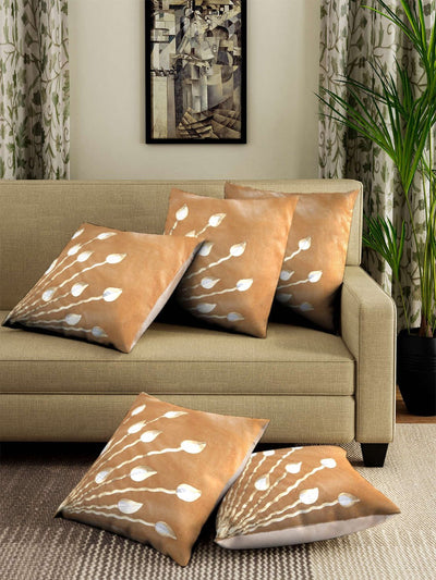 Soft Polyester Velvet Leaves Patchwork Designer Cushion Covers 16x16 inches, Set of 5 - Beige