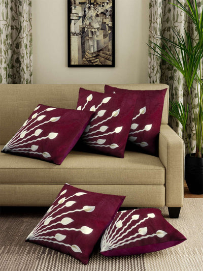 Leaves Design Floral 5 Piece Velvet Cushion Cover Set - 16" x 16", Purple