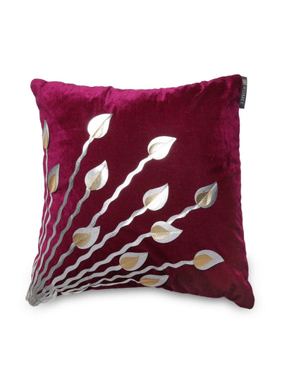 Leaves Design Floral 5 Piece Velvet Cushion Cover Set - 16" x 16", Purple