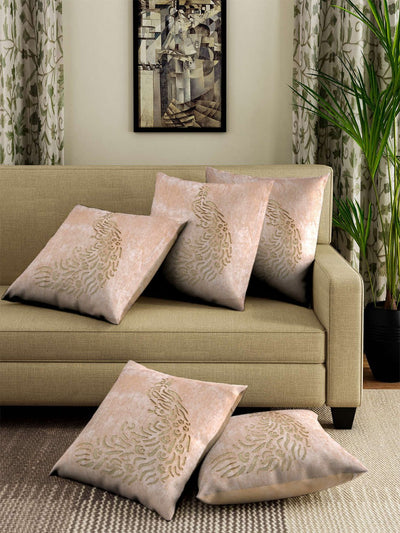 Designer Peacock Cut Velvet Cushion Covers 16 inch x 16 inch, Set of 5 - Beige