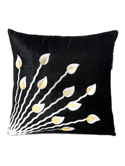 Soft Polyester Velvet Leaves Patchwork Designer Cushion Covers 16x16 inches, Set of 5 - Black