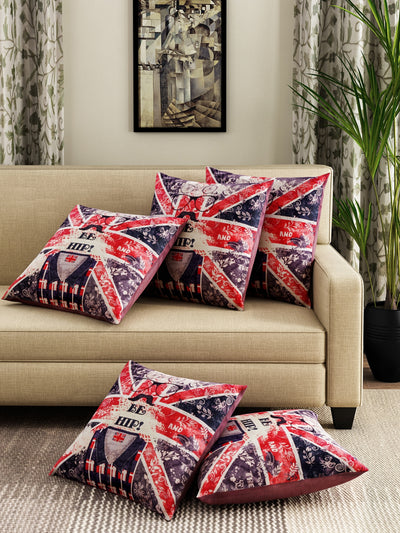 Digital Printed Geometric 5 Piece Velvet Cushion Cover Set - 16" x 16", Blue and Red