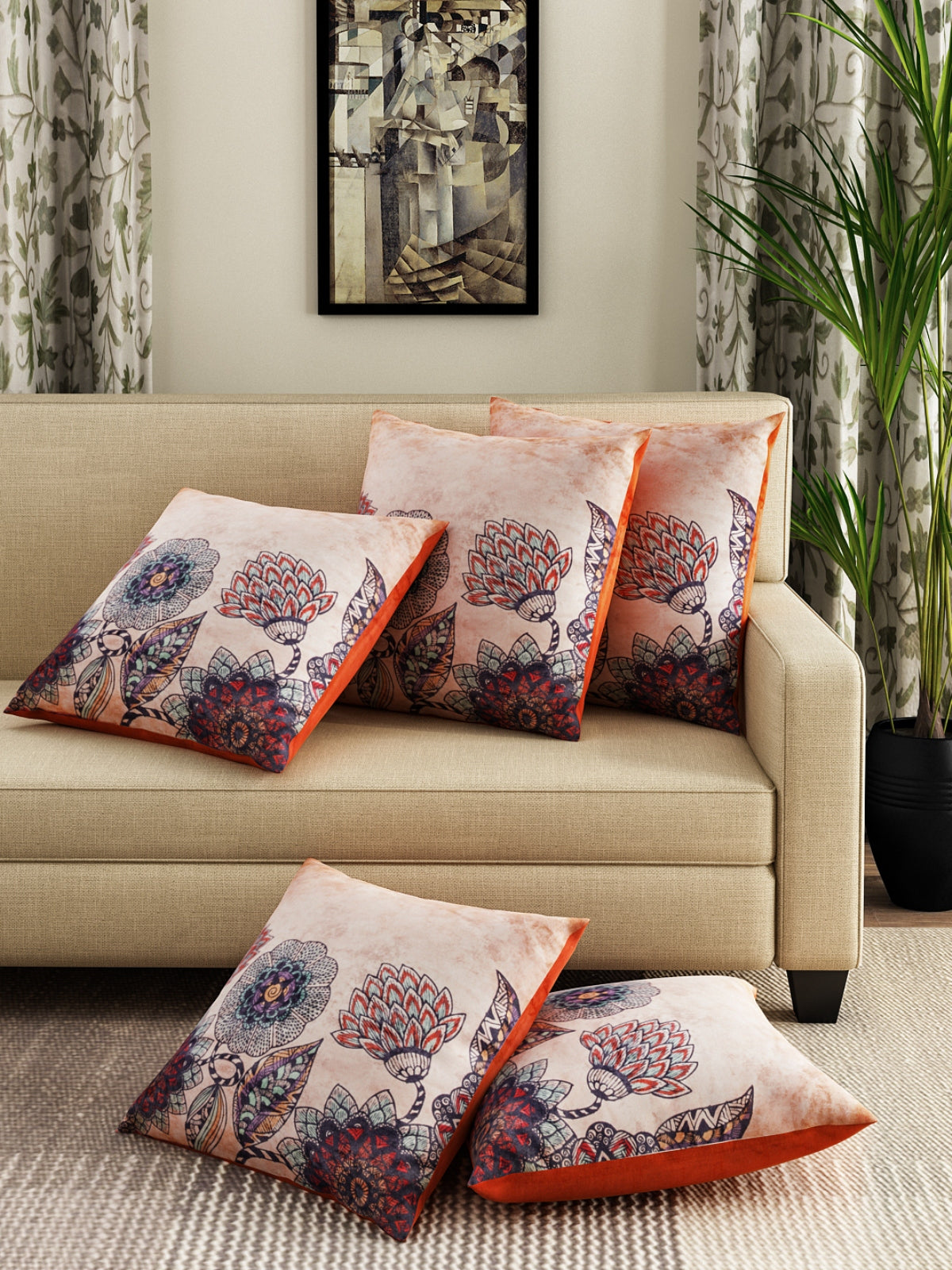 Soft Velvet Floral Print Throw Pillow/Cushion Covers Set of 5, 16x16 inches - Multicolor