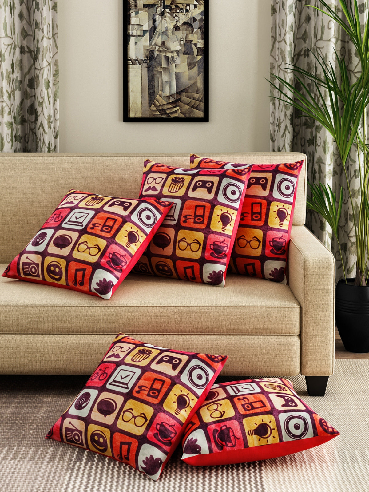 Soft Velvet Abstract Print Throw Pillow/Cushion Covers Set of 5, 16x16 inches - Multicolor