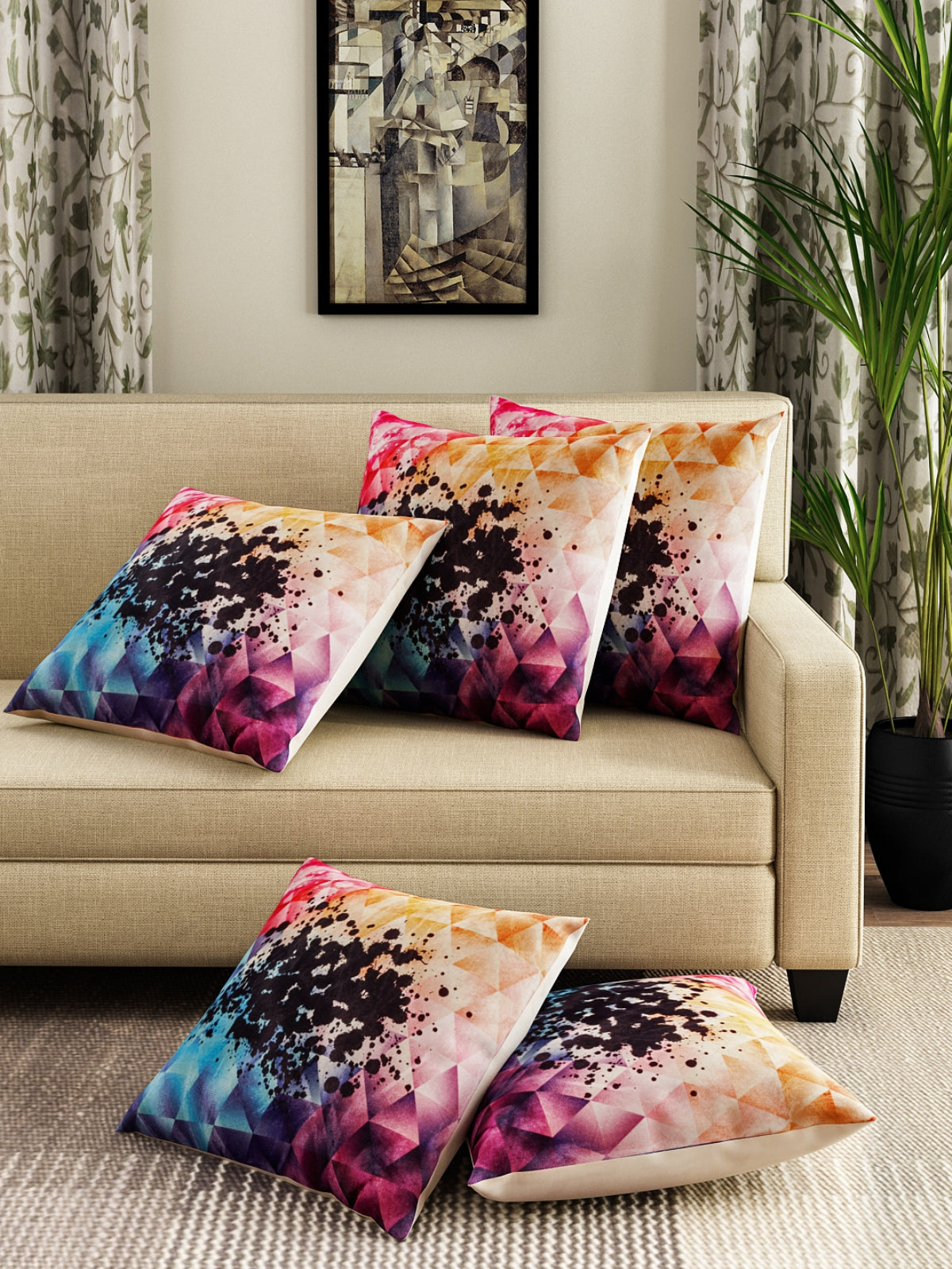 Printed Abstract 5 Piece Velvet Cushion Cover Set - 16" x 16", Multicolour