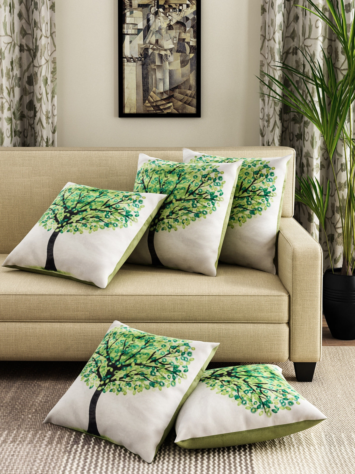 Soft Velvet Nature Tree Print Throw Pillow/Cushion Covers Set of 5, 16x16 inches - Silver & Green