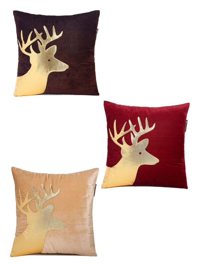 Deer Design 5 Piece Velvet Cushion Cover Set - 16" x 16", Multicolour
