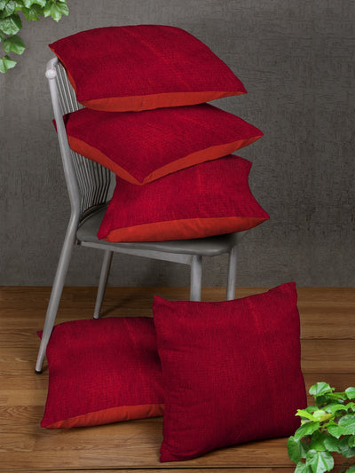High Chenille Fabric Solid Cushion Covers - Set of 5 (Red, 16" x 16" inch)