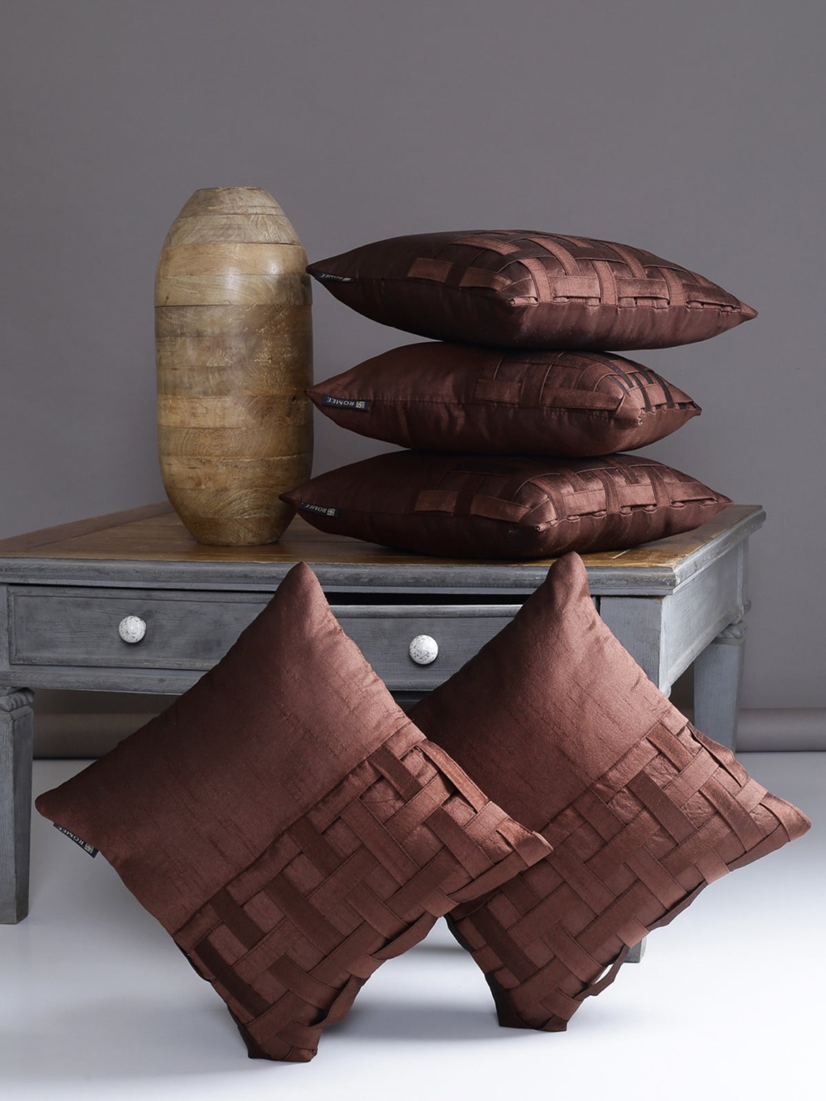 Polyester Designer Solid Plain Cushion Cover 16 inch x 16 inch, Set of 5 - Brown