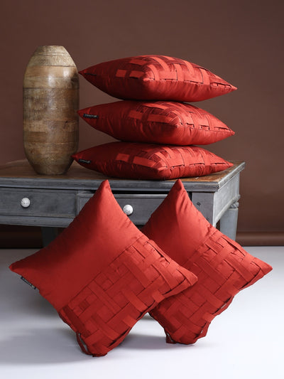 Polyester Designer Solid Plain Cushion Cover 16 inch x 16 inch, Set of 5 - Red