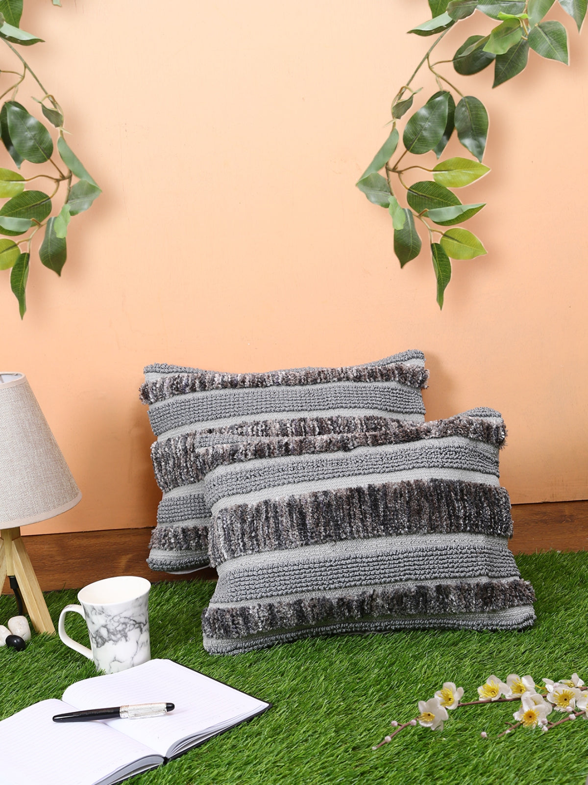 Grey Set of 2 Wool Tufted 12 Inch x 18 Inch Cushion Covers