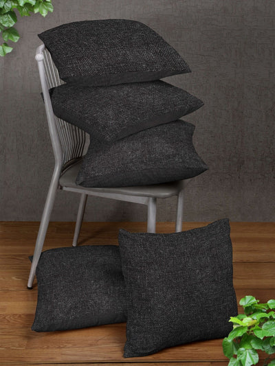 Polyester Jute Solid Plain Cushion Cover 16 inch x 16 inch, Set of 5 - Black
