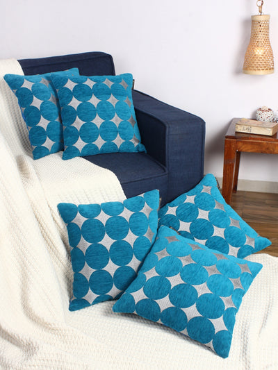 Soft Chenille Designer Ethnic Abstract Cushion Covers 16x16 inch, Set of 5 - Turquoise Blue