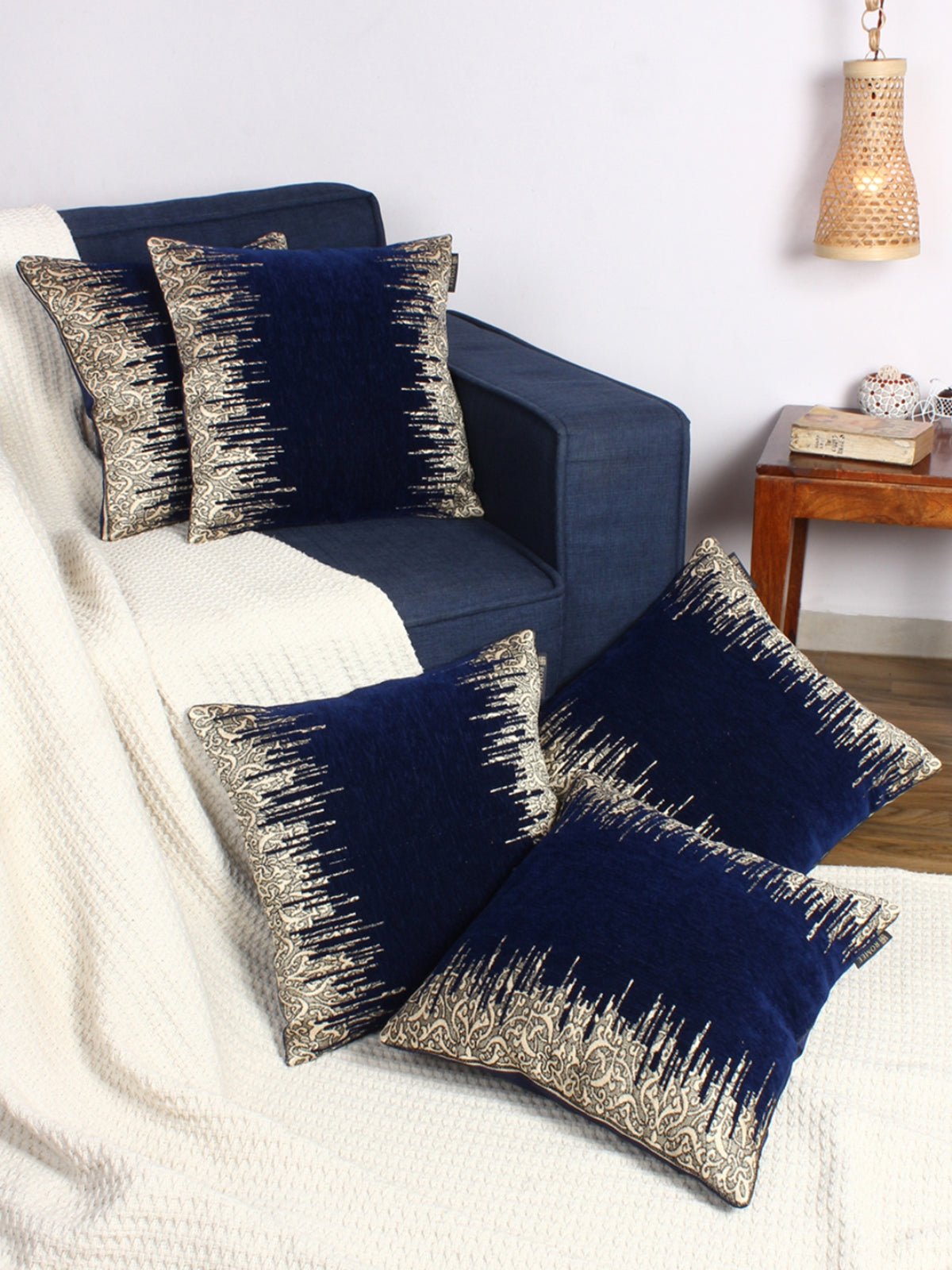 Polyester Velvet Fabric Ethnic Motifs Printed Cushion Cover 16x16 Set of 5 - Navy Blue