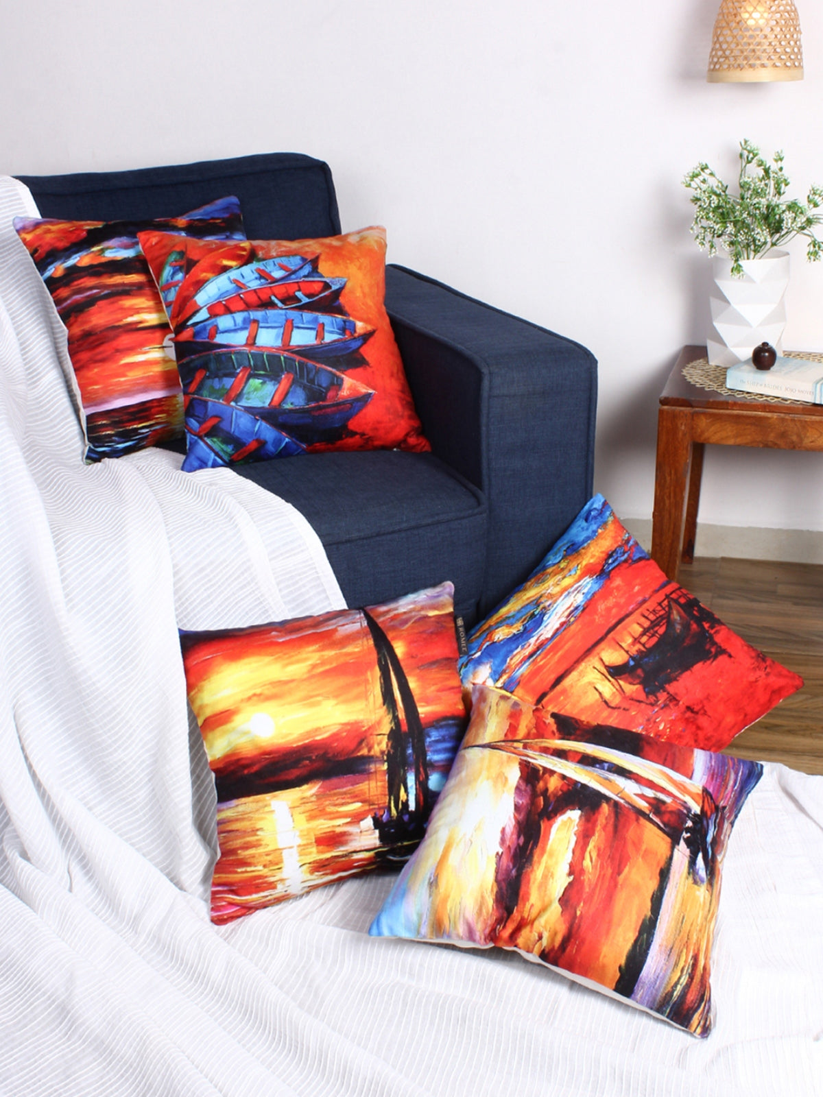 Polyester Velvet Fabric 3D Printed Cushion Cover 16x16 Set of 5 - Multicolor