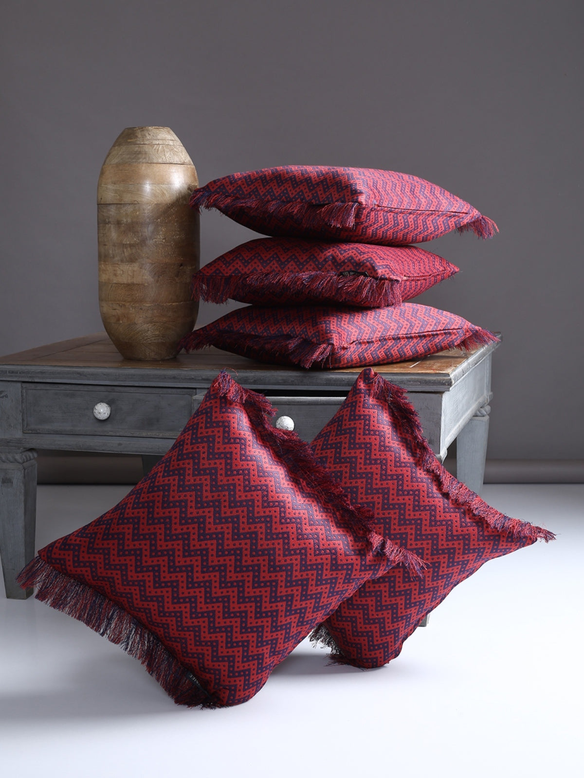 Soft Polyester Textured Zig-Zag Designer Cushion Covers 16 inch x 16 inch Set of 5 - Maroon & Navy Blue