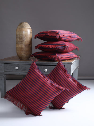 Soft Polyester Textured Striped Designer Cushion Covers 16 inch x 16 inch Set of 5 - Maroon & Navy Blue
