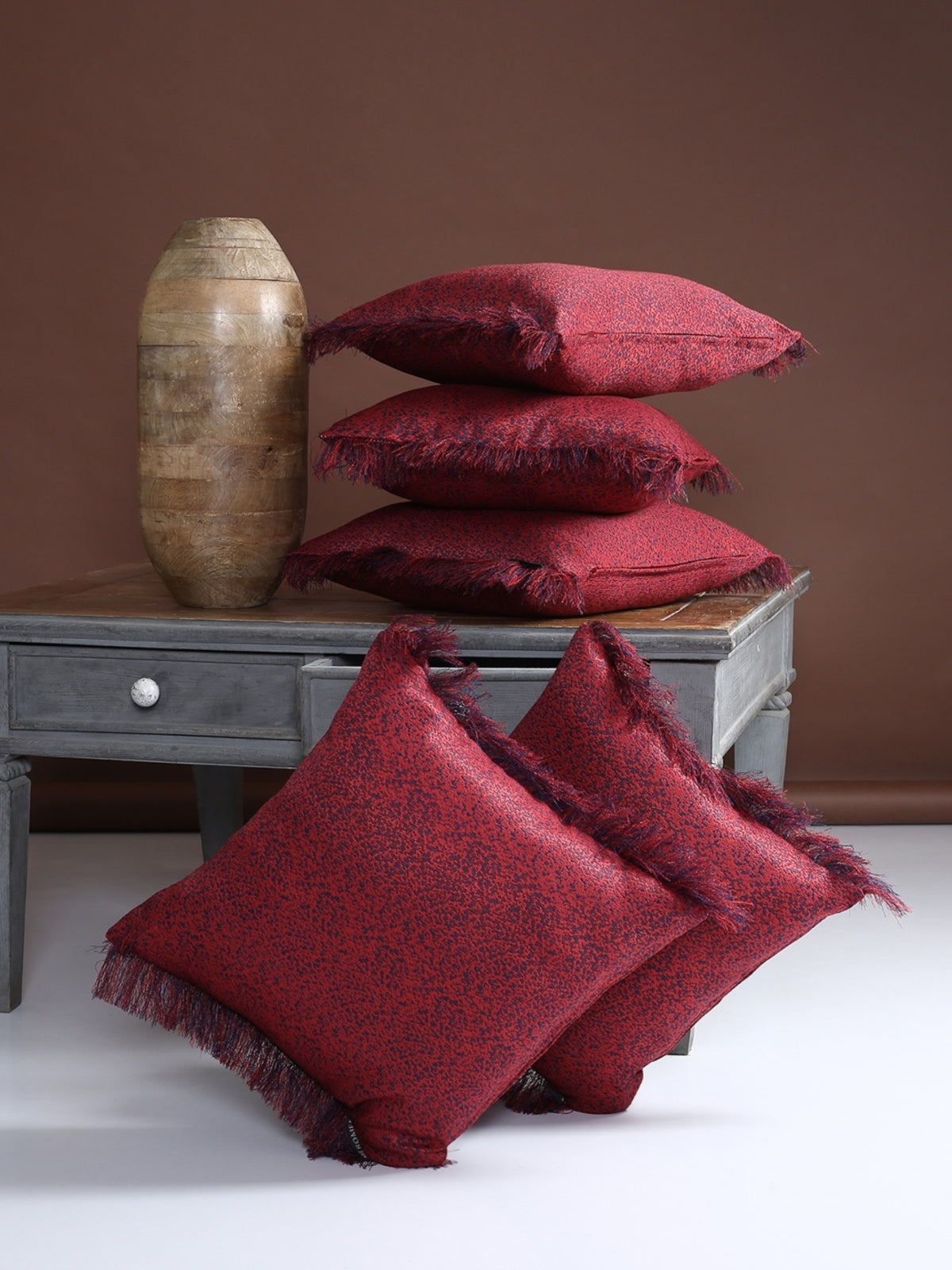 Soft Polyester Textured Designer Plain Cushion Covers 16 inch x 16 inch Set of 5 - Maroon