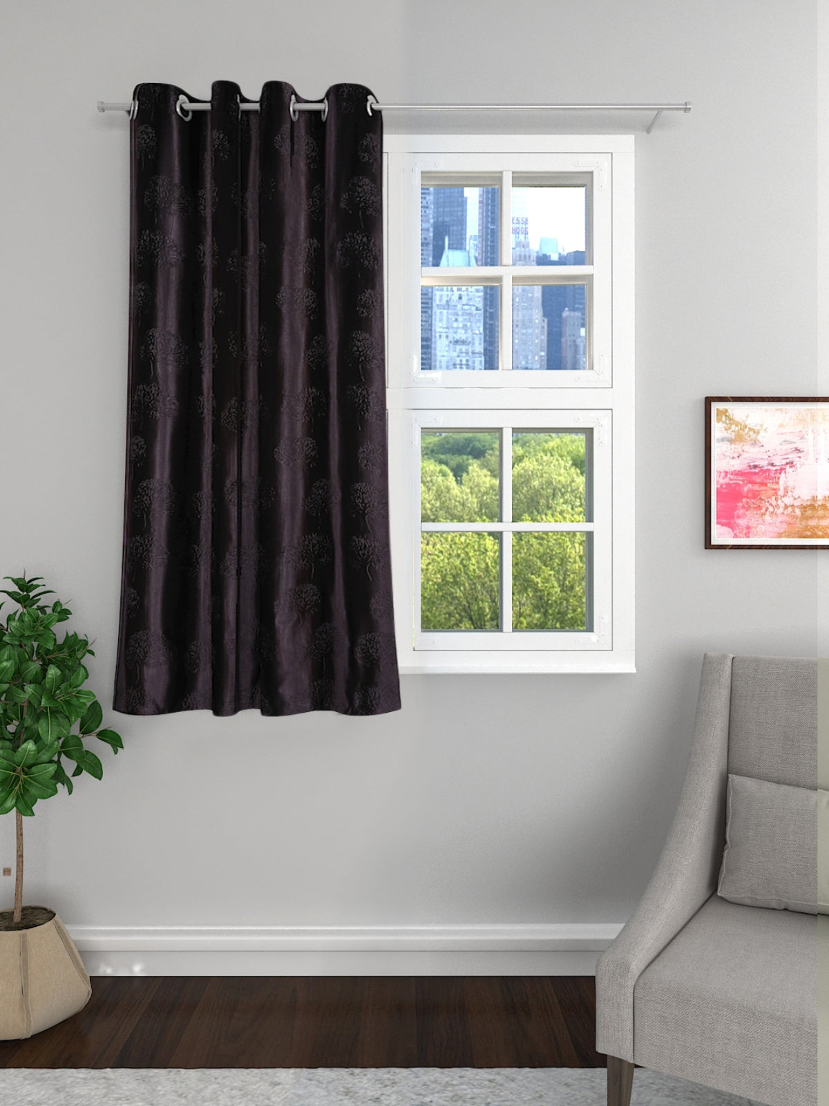 Romee Coffee Brown Tree Patterned Set of 1 Window Curtains