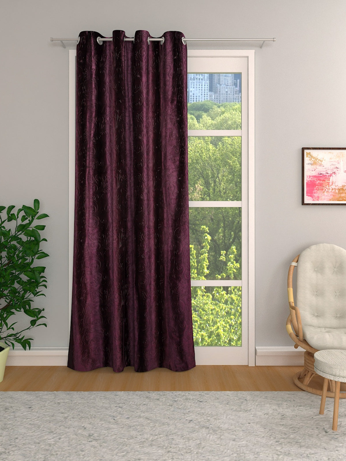 Romee Purple Leafy Patterned Set of 1 Door Curtains
