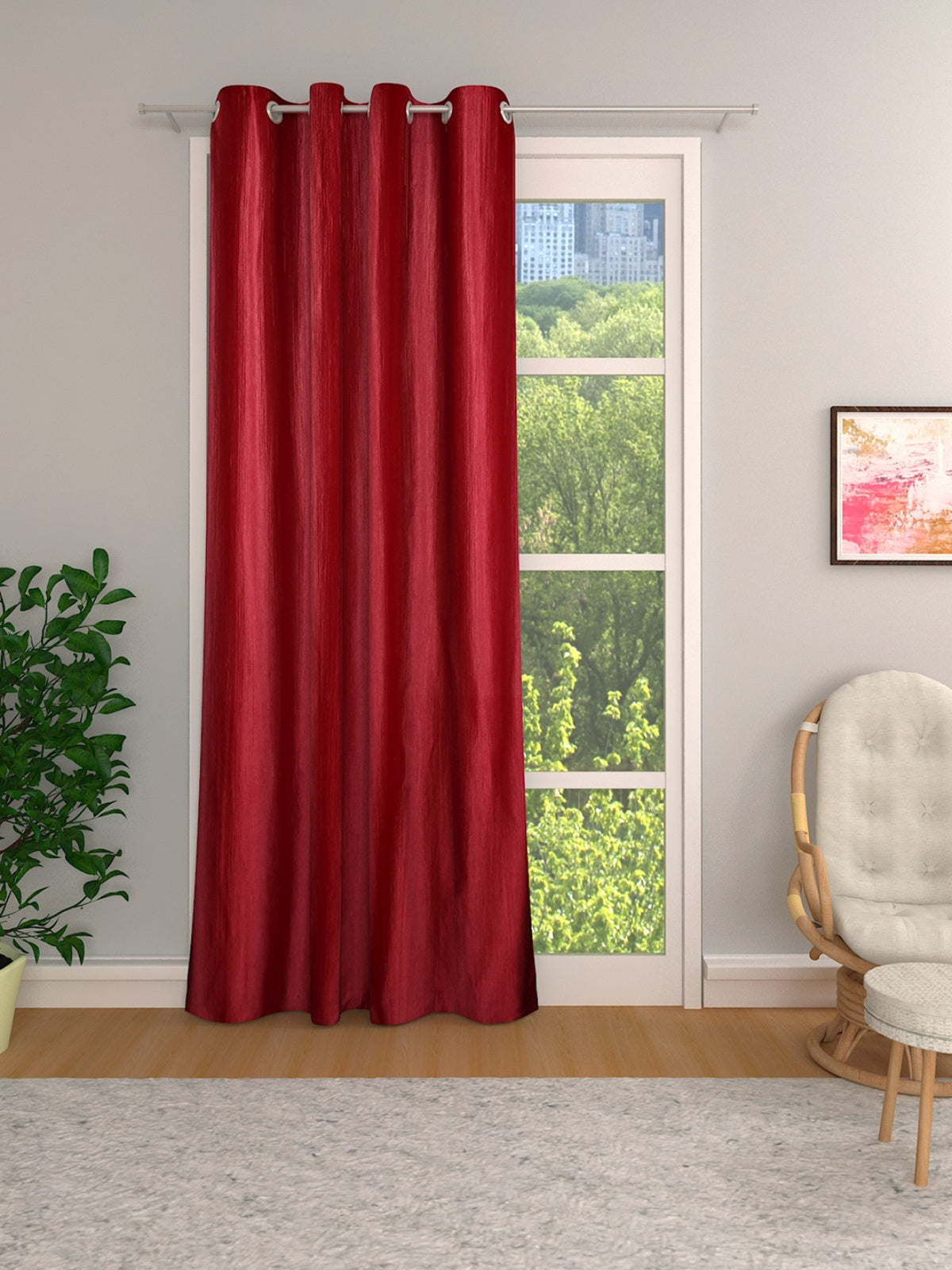 Romee Red Solid Patterned Set of 1 Long Door Curtains
